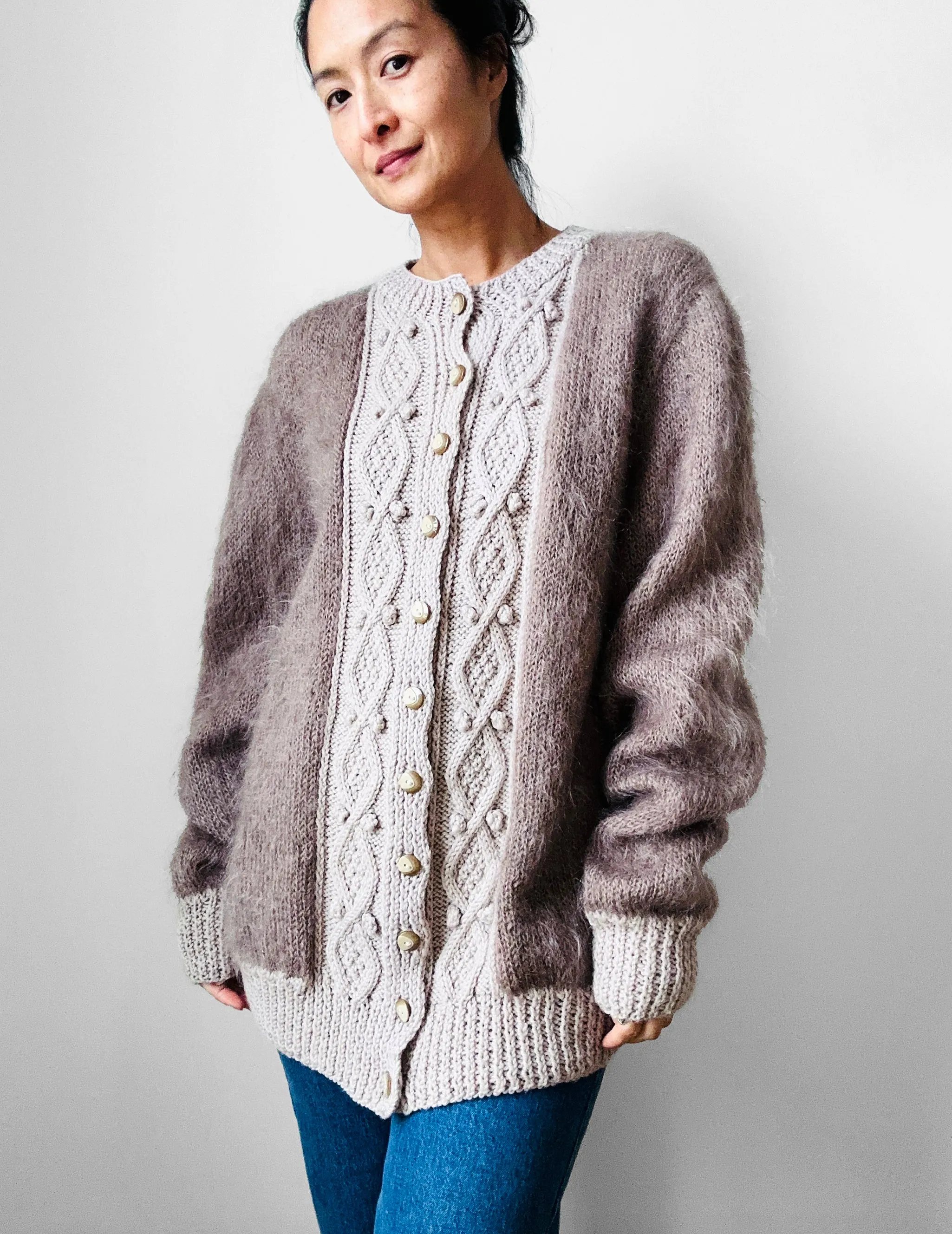 1980s Taupe Bobble Mohair Knit Cardigan - Sz. O/S