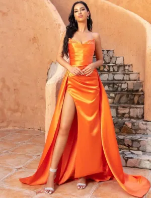 A-Line Evening Gown Celebrity Style Dress Formal Sweep / Brush Train Sleeveless V Neck Satin with Crystals Slit