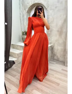 A-Line Evening Gown High Split Dress Formal Fall Sweep / Brush Train Long Sleeve One Shoulder Chiffon with Pleats Slit