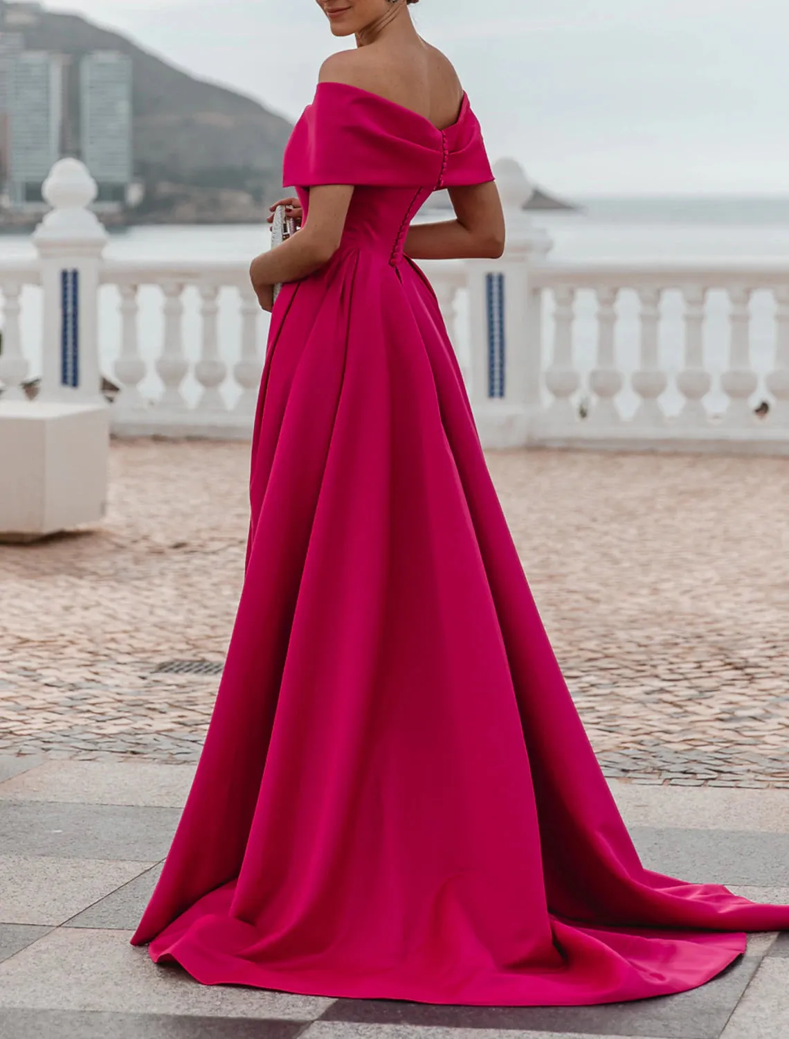 A-Line Evening Gown Party Dress Celebrity Style Dress Formal Wedding Guest Floor Length Sleeveless Off Shoulder Dress Satin with Ruched Slit