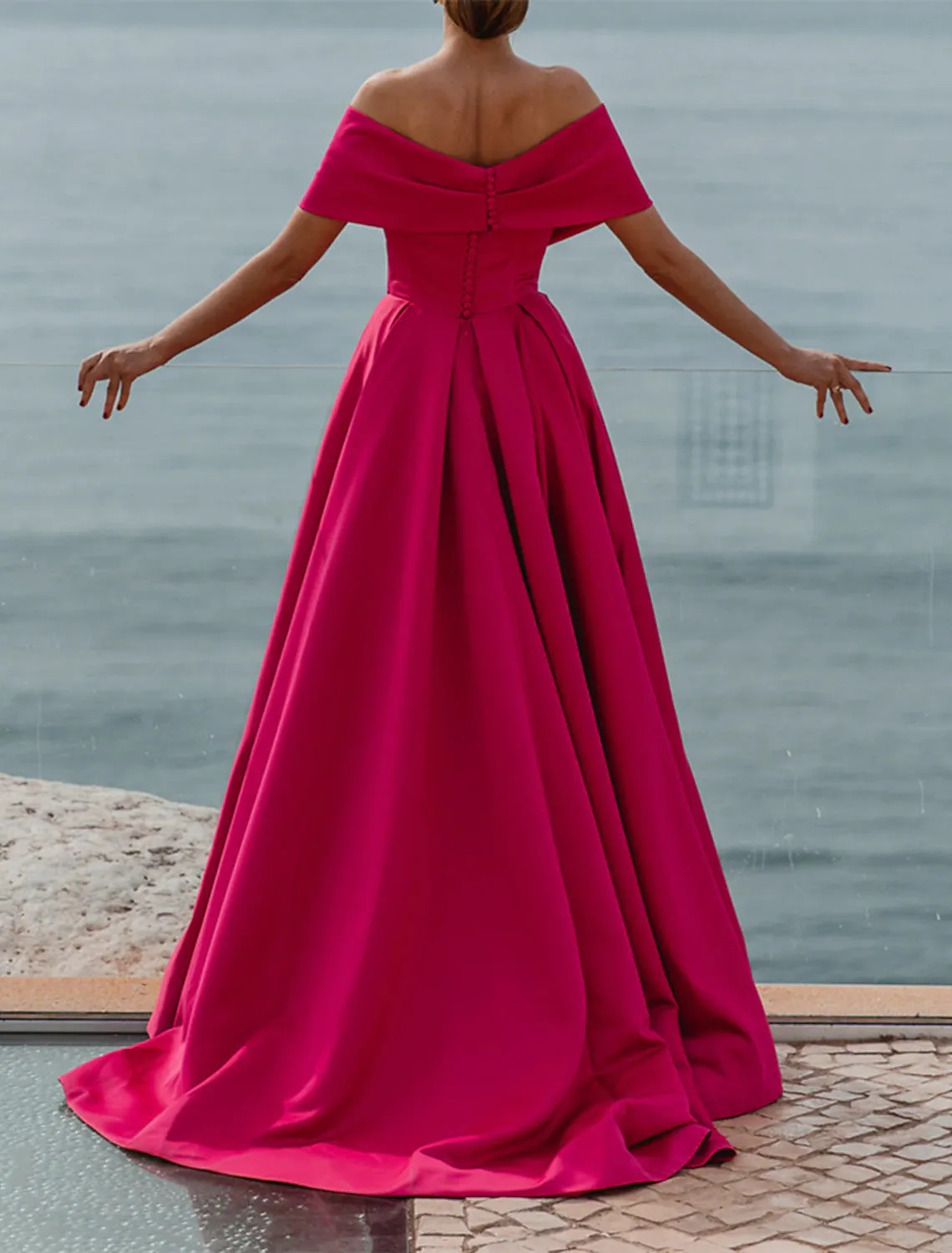 A-Line Evening Gown Party Dress Celebrity Style Dress Formal Wedding Guest Floor Length Sleeveless Off Shoulder Dress Satin with Ruched Slit