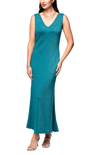 Aria Long Sleeveless Dress/Gown; Green Shimmer
