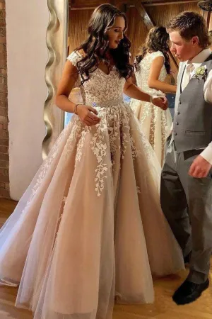 beaded prom dresses cap sleeve v neck lace applique champagne elegant prom gown pageant dresses for women