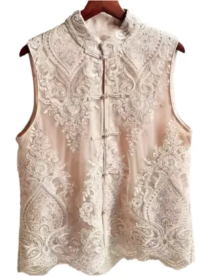 Beige embroidered texture lace top vest