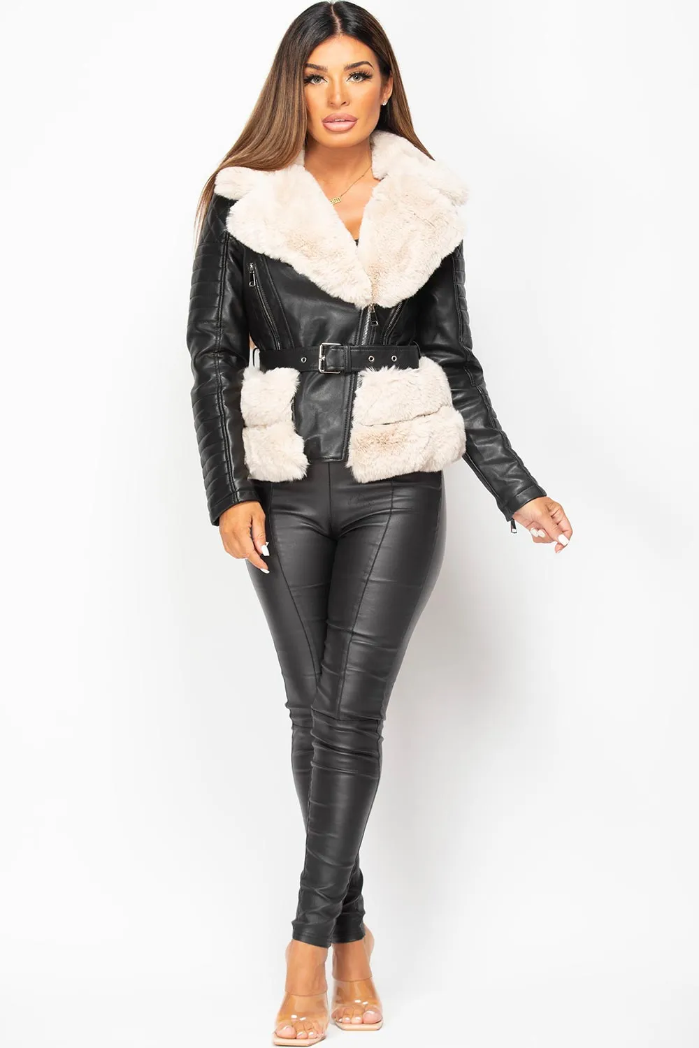 Beige Faux Fur Faux Leather Belted Jacket