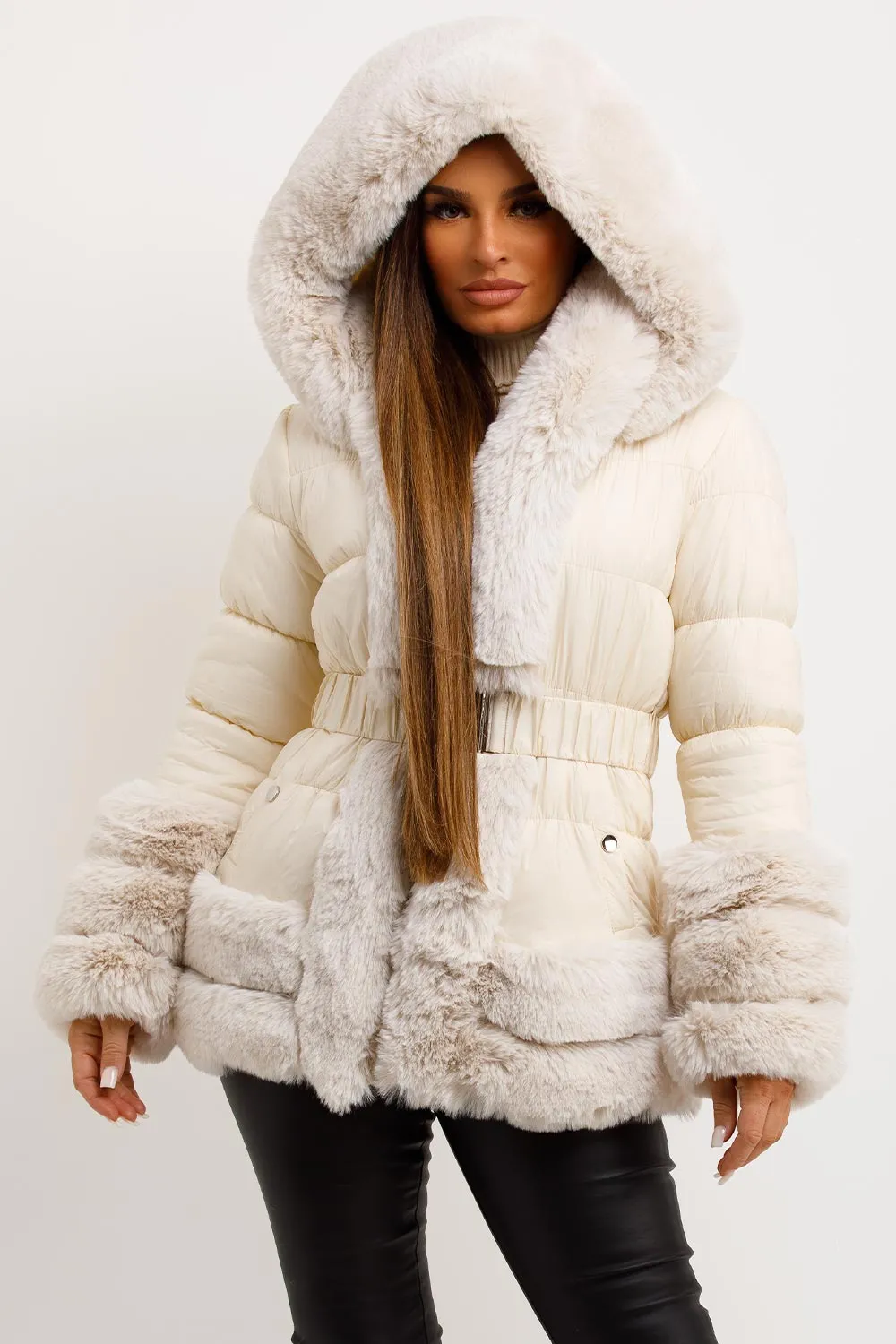Beige Faux Fur Trim Puffer Hooded Down Jacket With Belt