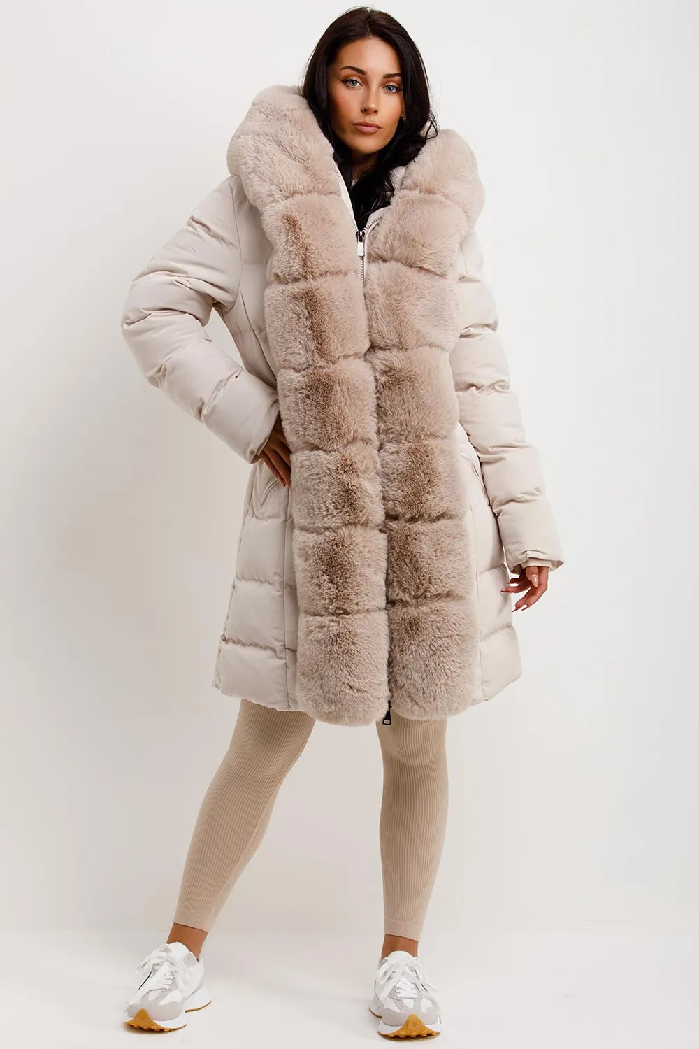 Beige Long Puffer Padded Coat With Faux Fur Hood And Trim