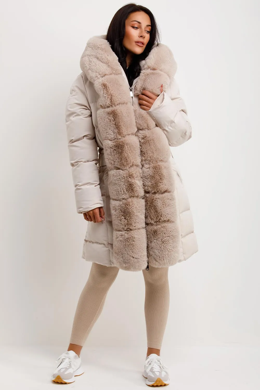 Beige Long Puffer Padded Coat With Faux Fur Hood And Trim