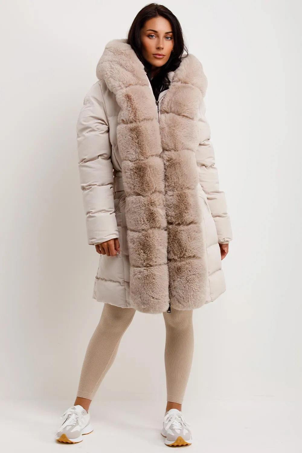 Beige Long Puffer Padded Coat With Faux Fur Hood And Trim