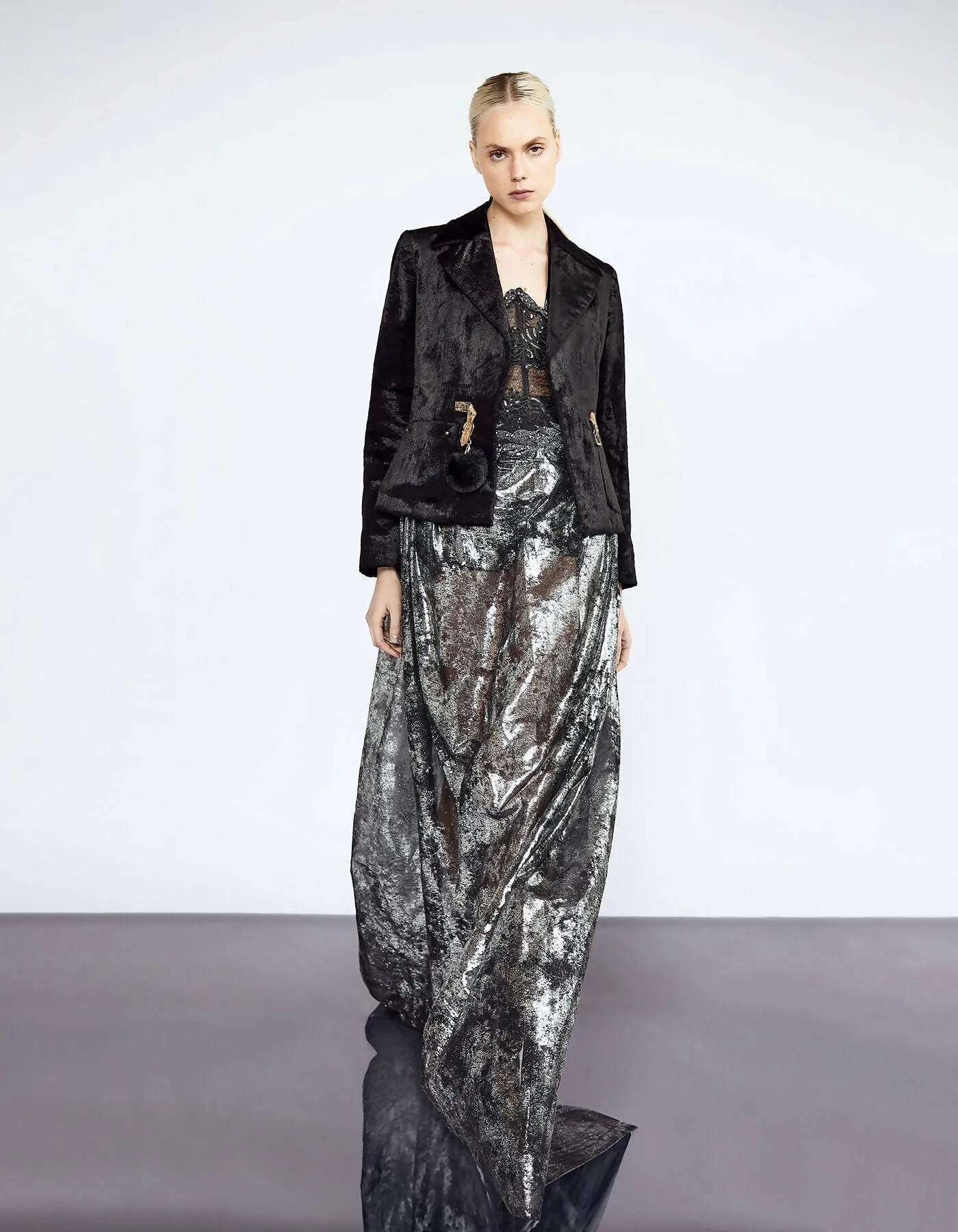 Black Faux Mink Fitted Jacket with Gold Buckles