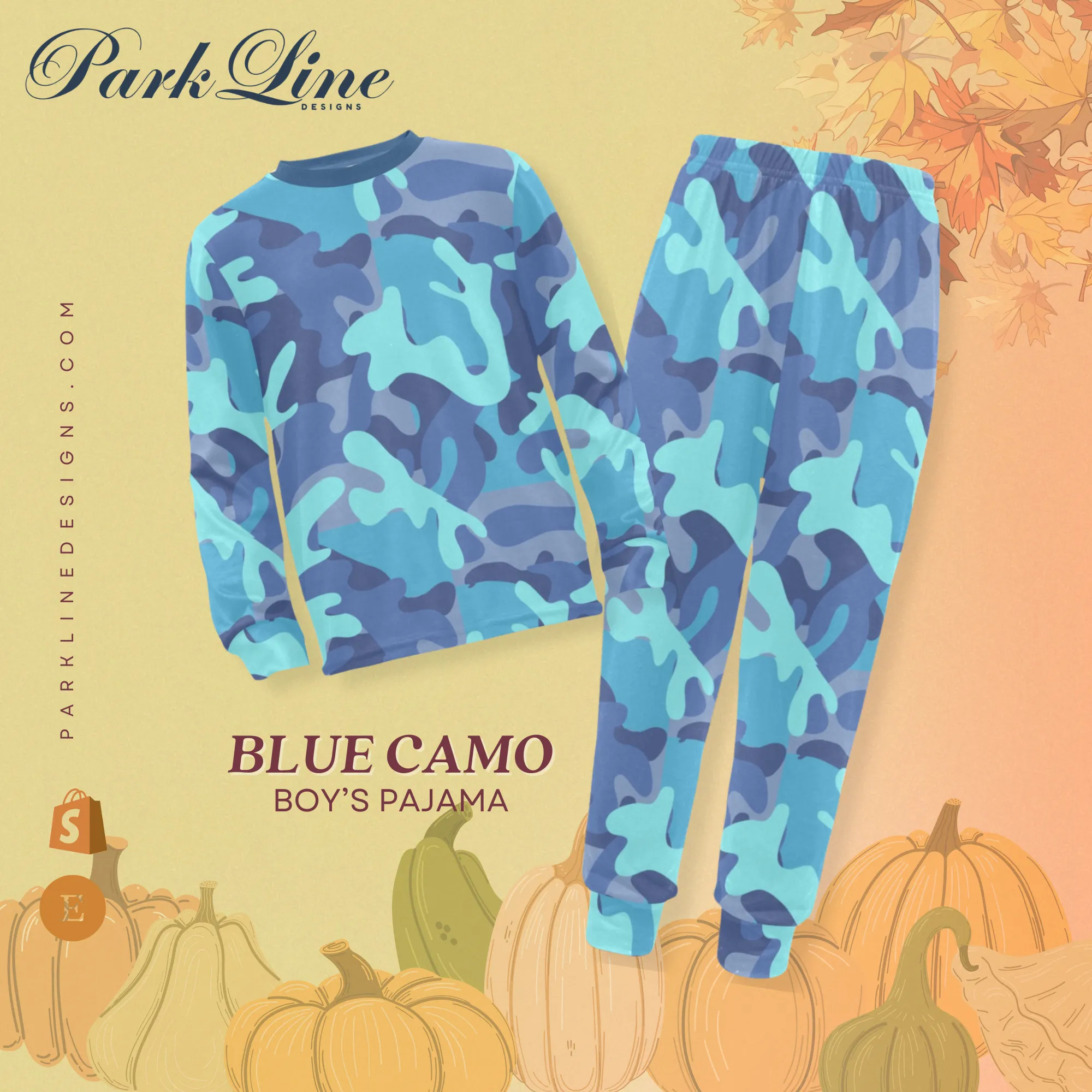 Blue Camo Boys' Pajama Set |  | Crew Neck Long Pajama Set | Soft Long Sleeve Sleepwear for Lounging and Relaxing