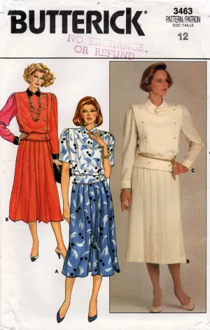 Butterick 3463 Womens Button Trimmed Peplum Top & Pleated Skirt 1980s Vintage Sewing Pattern Size 12 Bust 34 inches