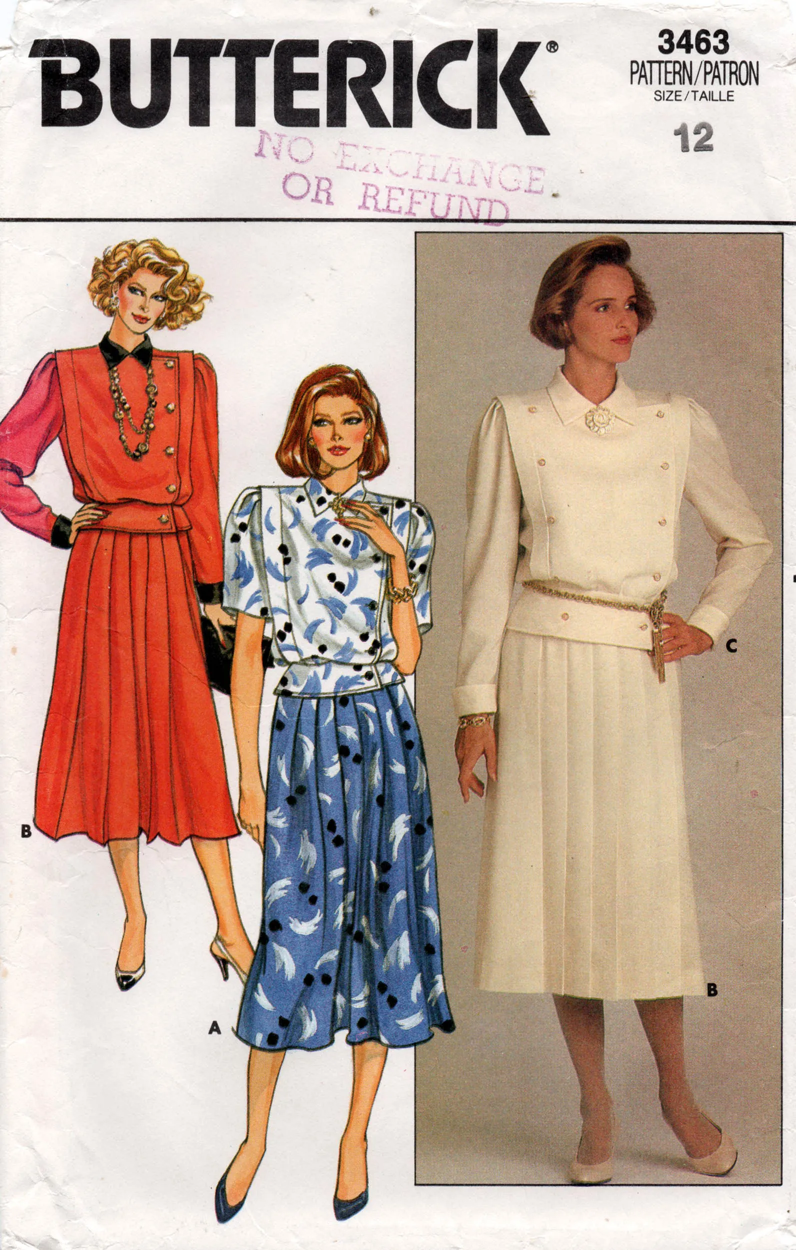 Butterick 3463 Womens Button Trimmed Peplum Top & Pleated Skirt 1980s Vintage Sewing Pattern Size 12 Bust 34 inches