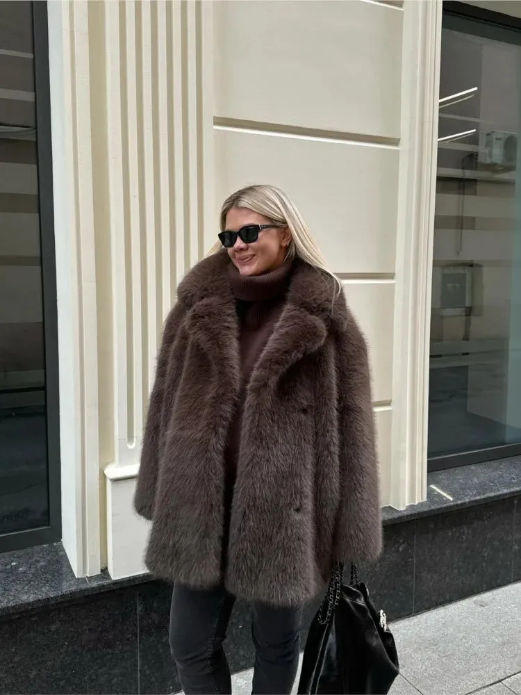 Chic Mid-Length fluffy faux fur Coat