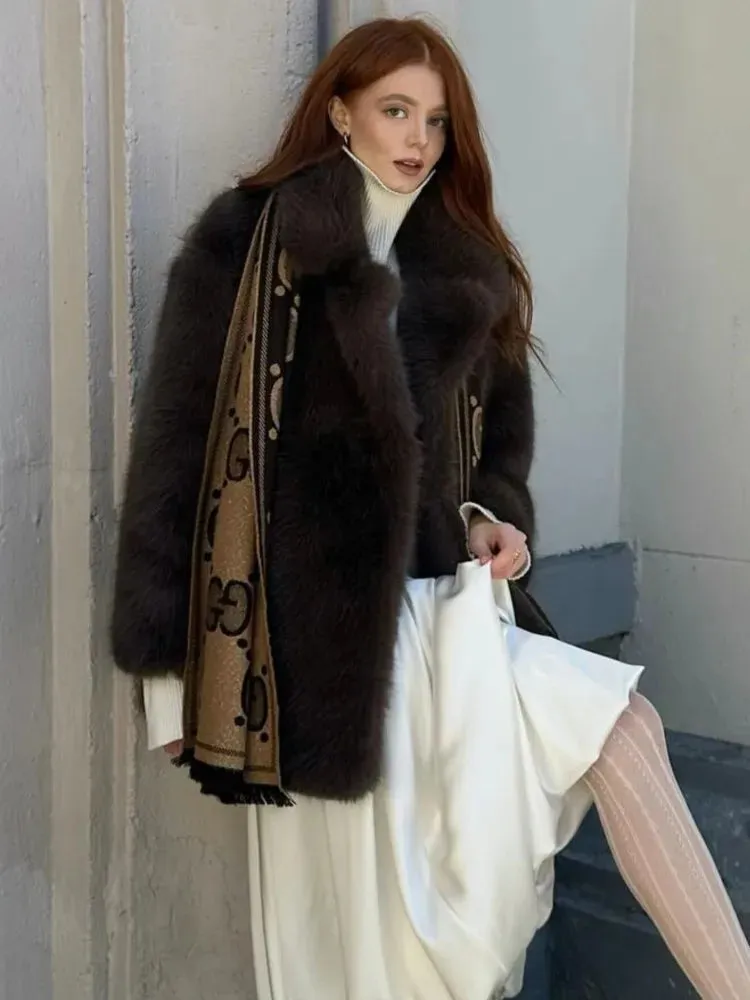 Chic Mid-Length fluffy faux fur Coat