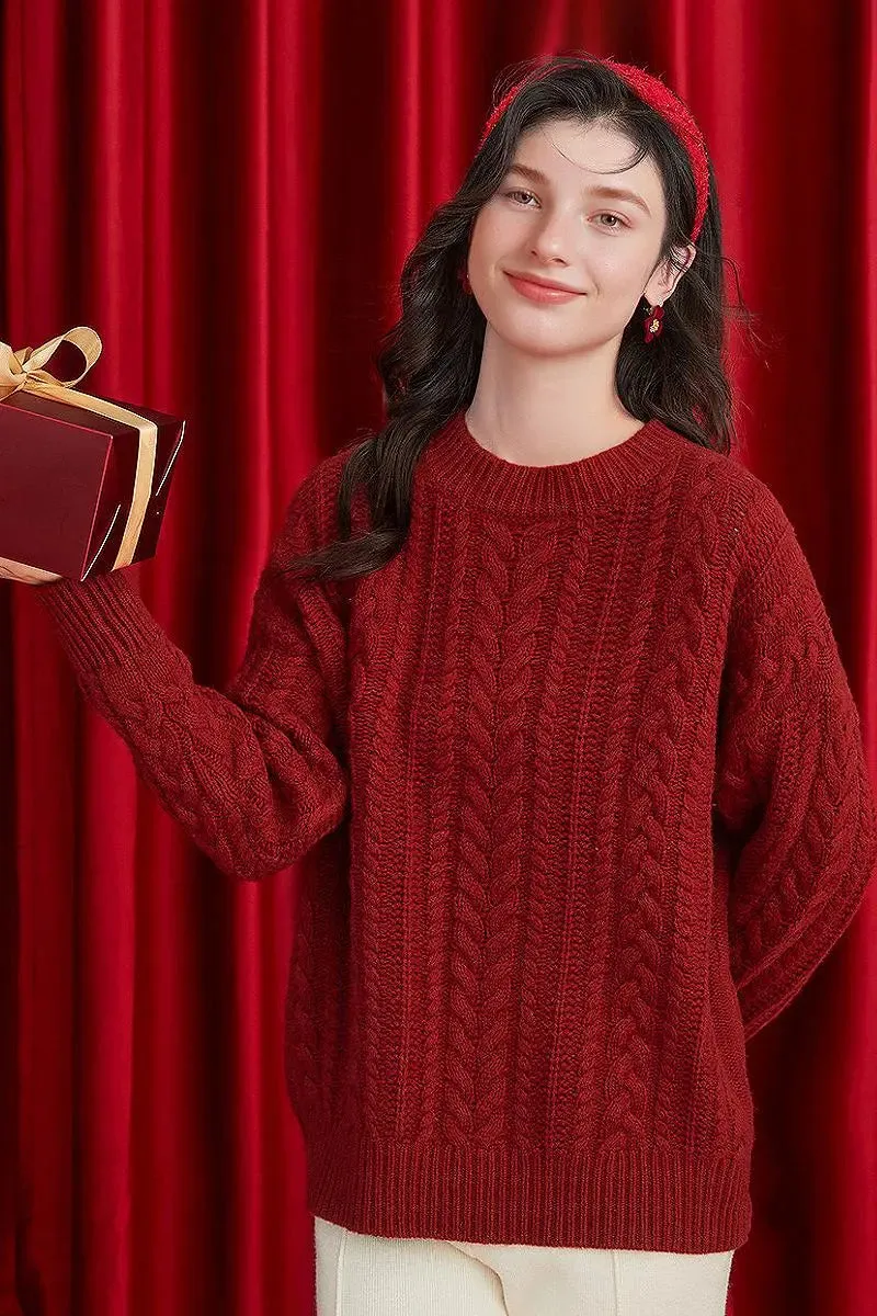 Chunky 100 Wool Red Cable Knit Crew Neck Sweater