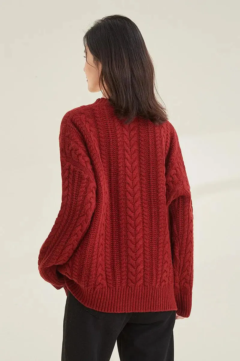 Chunky 100 Wool Red Cable Knit Crew Neck Sweater