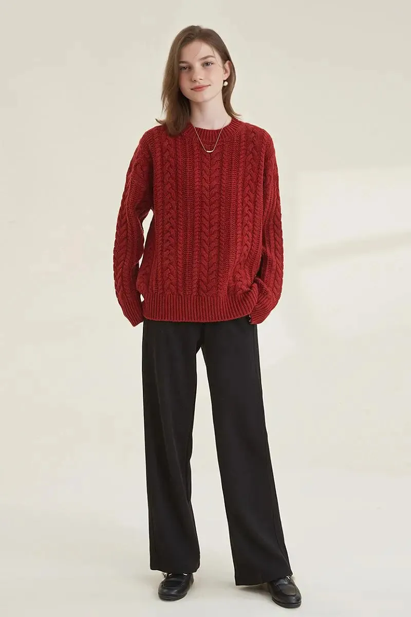 Chunky 100 Wool Red Cable Knit Crew Neck Sweater