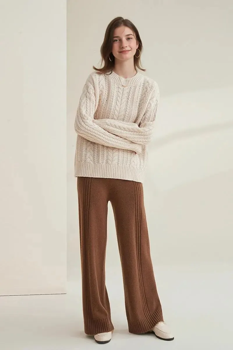 Chunky 100 Wool Red Cable Knit Crew Neck Sweater