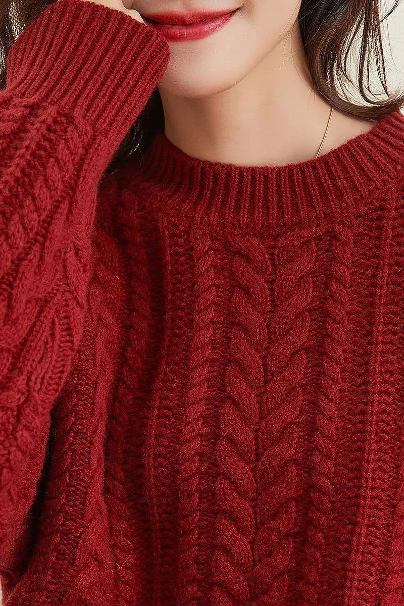 Chunky 100 Wool Red Cable Knit Crew Neck Sweater