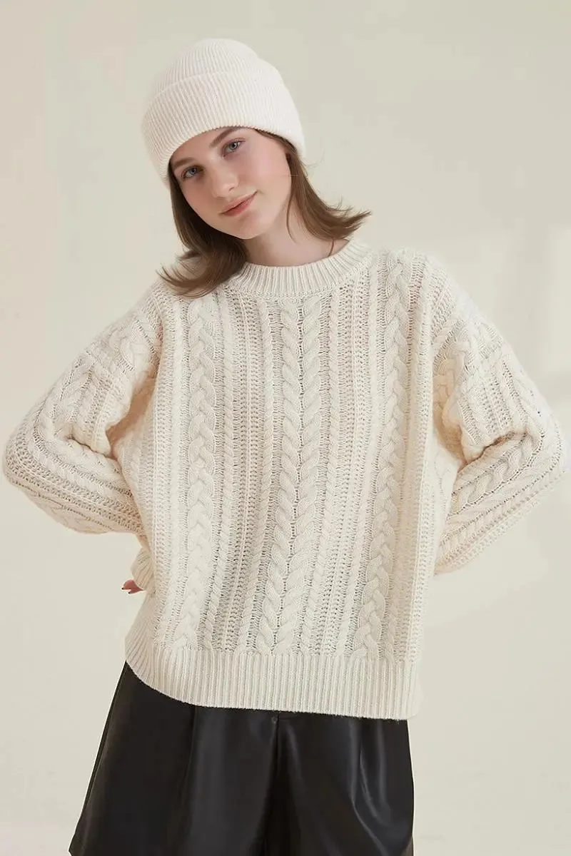 Chunky 100 Wool Red Cable Knit Crew Neck Sweater