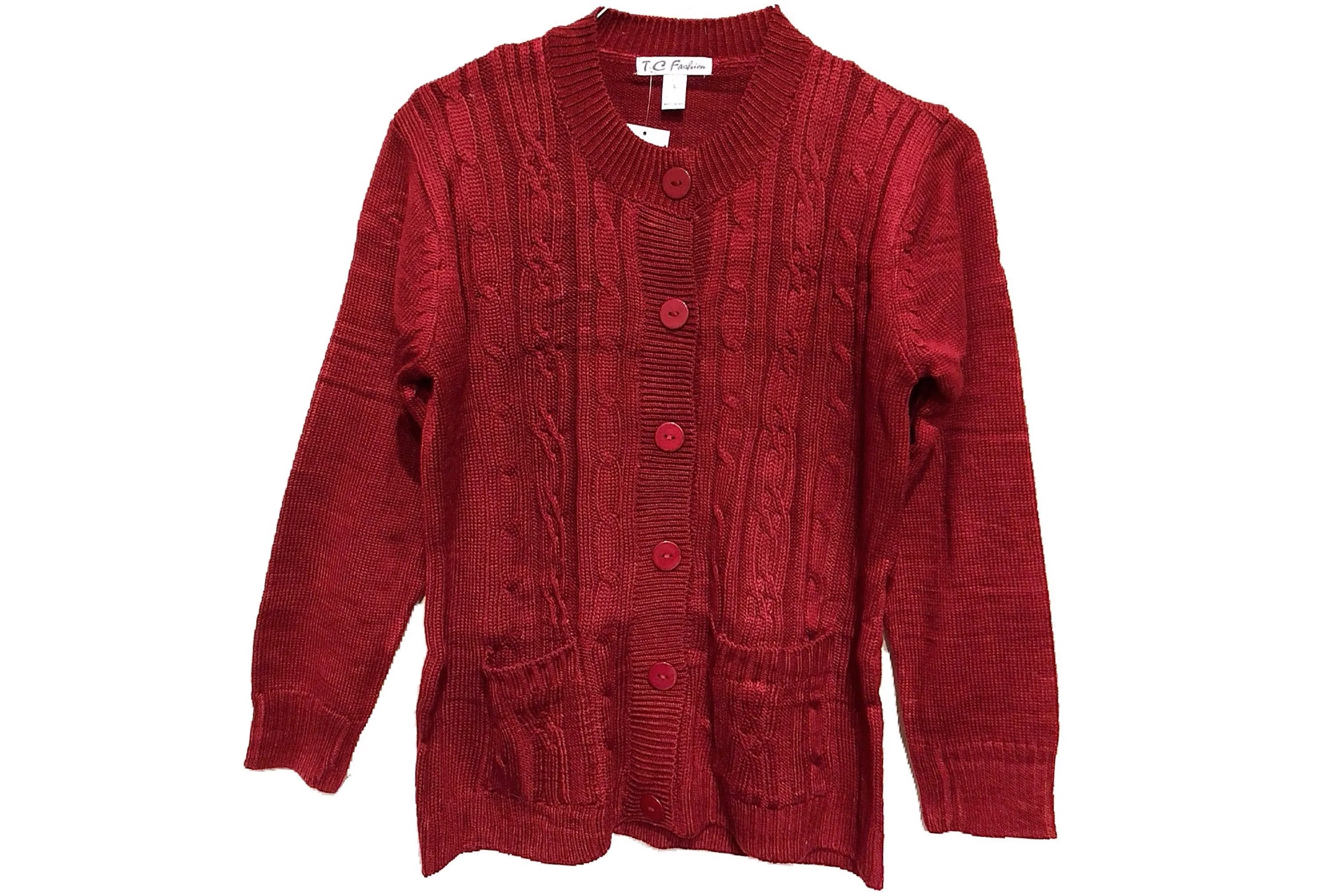 Chunky Cable Knit Sweater Cardigan (Wine Red)