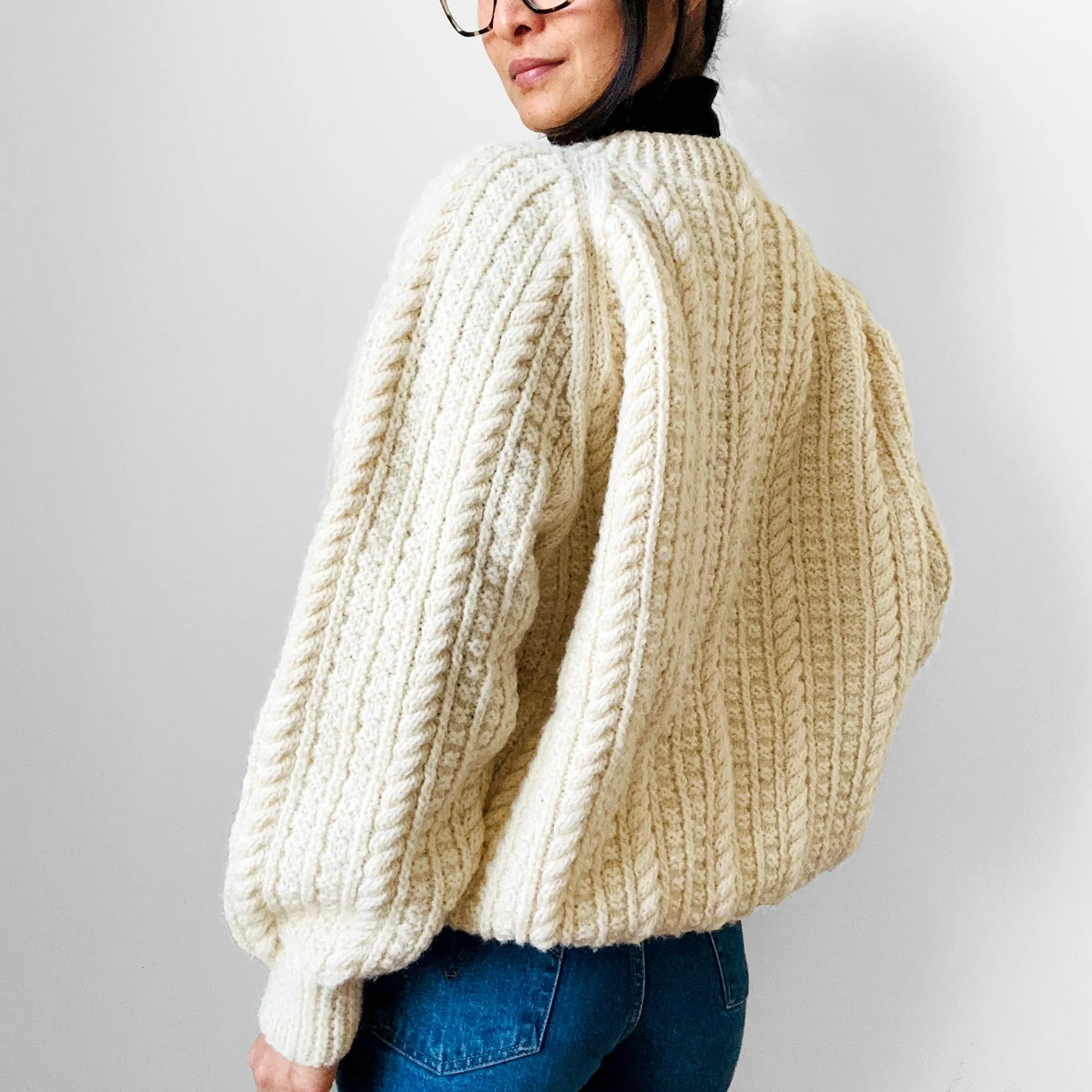 Chunky Cream Handknit Handmade Cable-Knit Wool Blend Cardigan - O/S