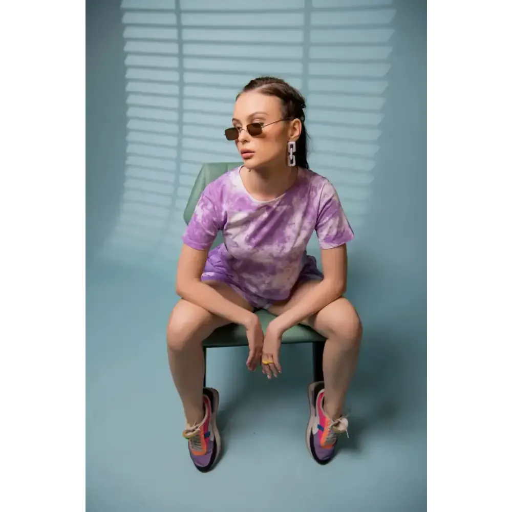 Cotton Blend Round Purple Tie Dye Crop Top And Shorts Set for Women