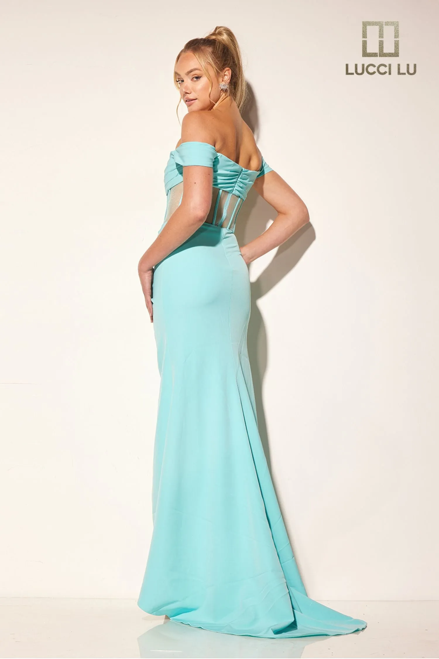 Crepe Fitted Off Shoulder Slit Gown by Lucci Lu 1361
