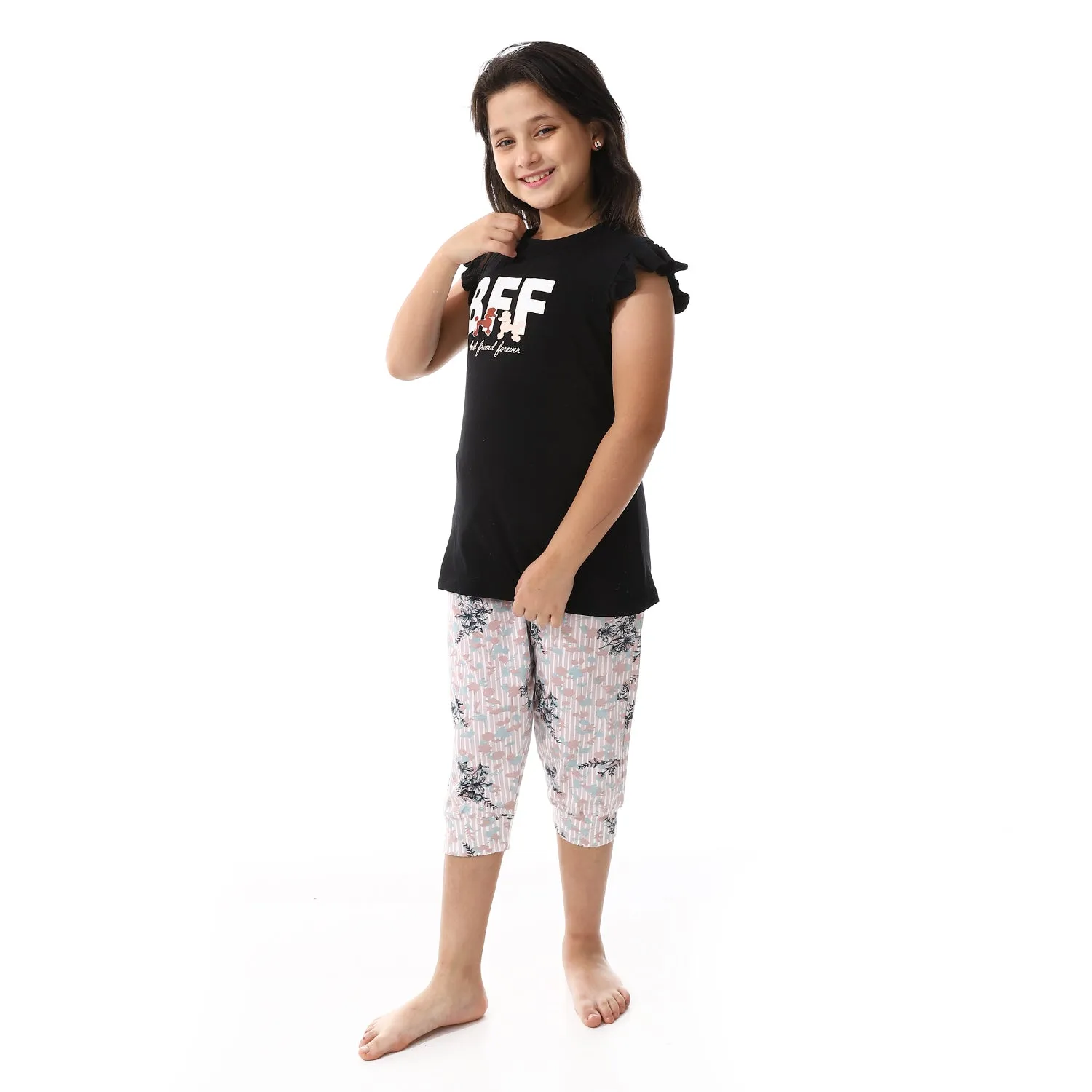 Cute Girls' Cotton Pajama Set Soft & Comfy For Bedtime - Black