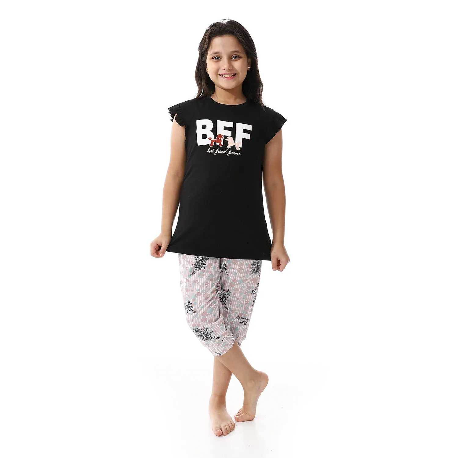 Cute Girls' Cotton Pajama Set Soft & Comfy For Bedtime - Black