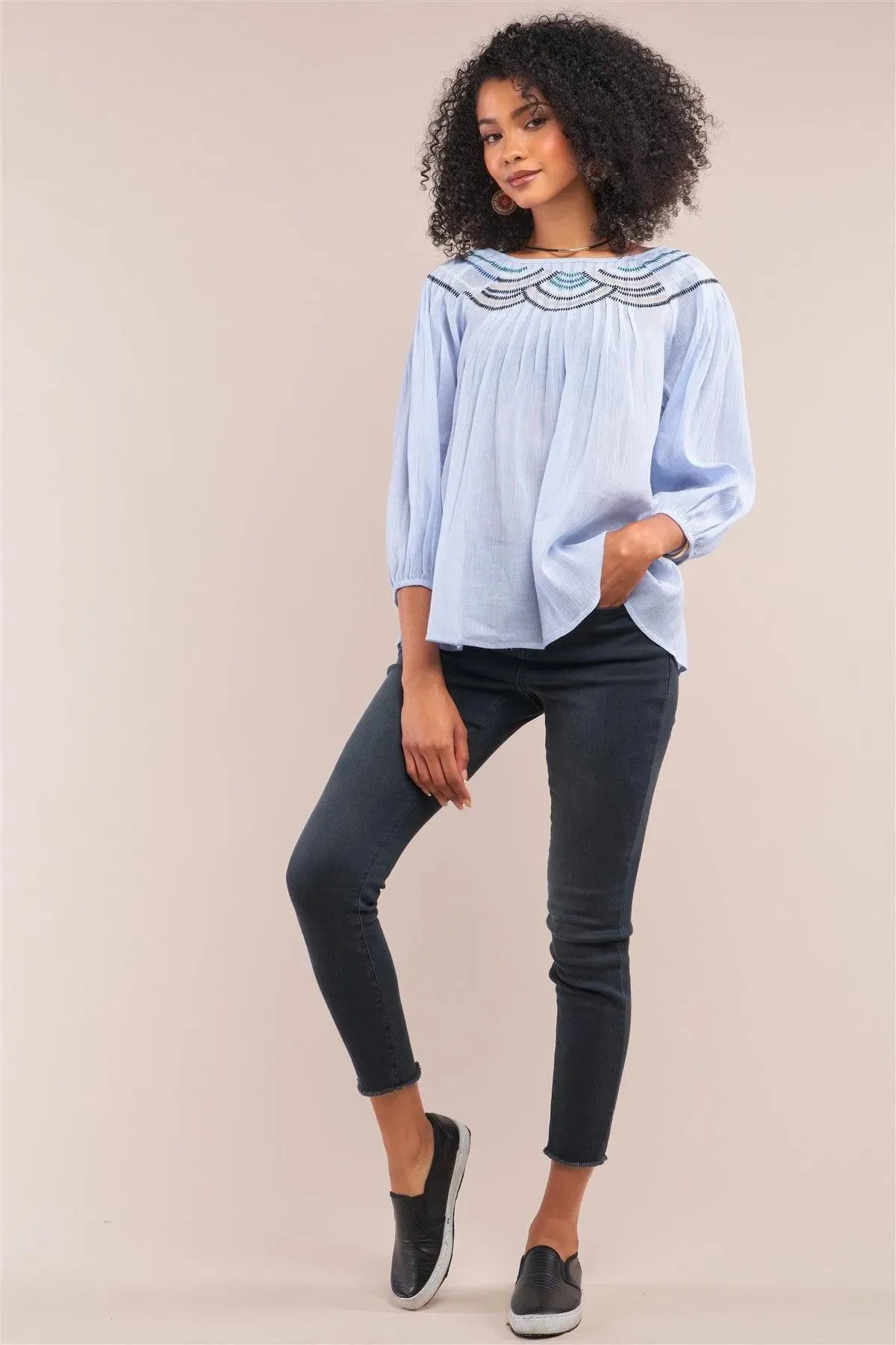 Denim Blue Striped Embroidery Trim Crew Neck Loose Fit Balloon Sleeve Blouse /1-2-2-1
