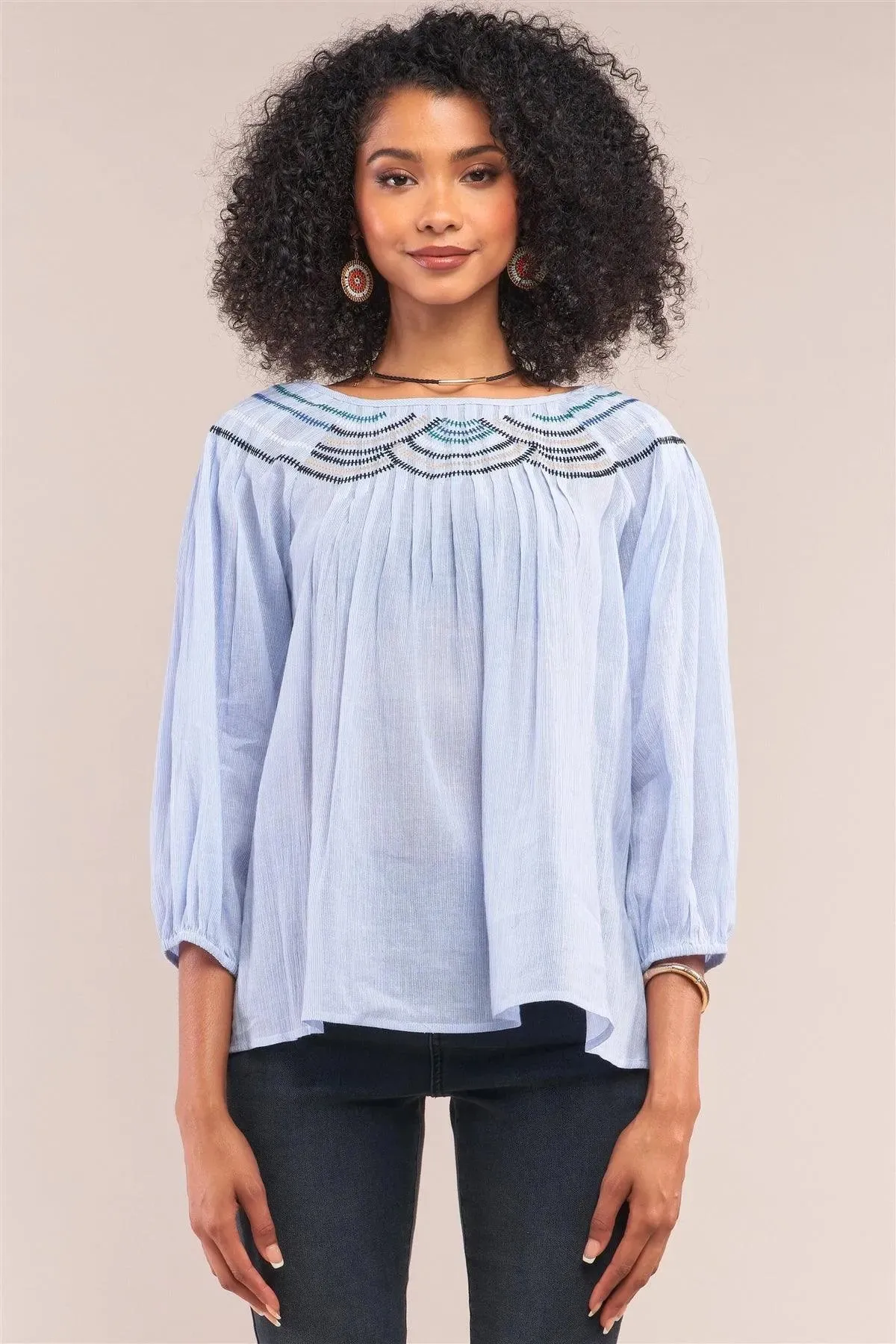 Denim Blue Striped Embroidery Trim Crew Neck Loose Fit Balloon Sleeve Blouse /1-2-2-1