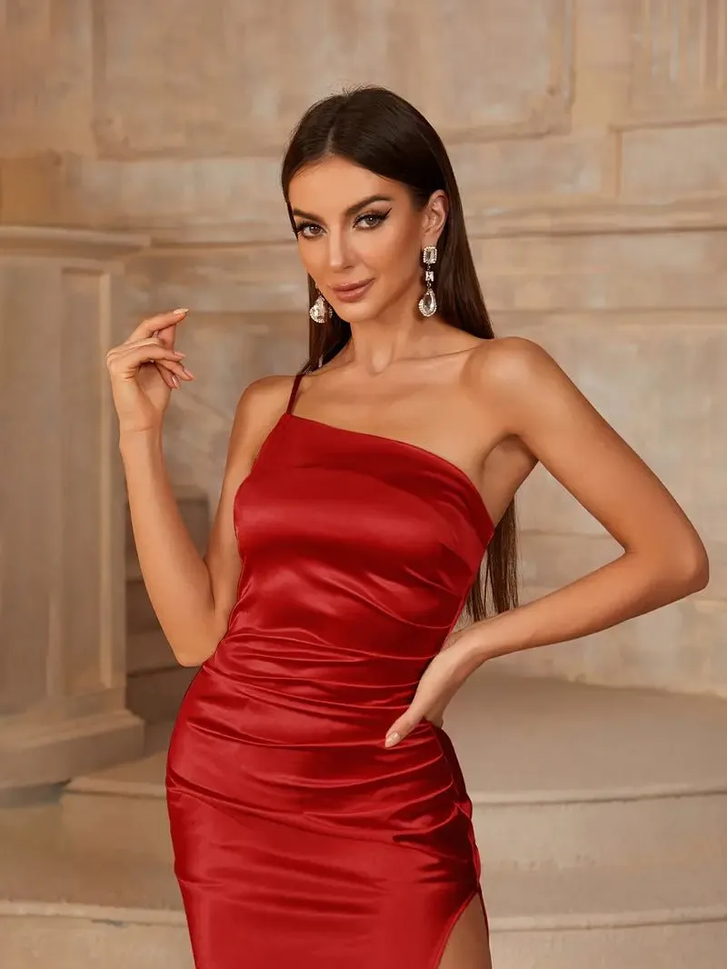 Desaree one shoulder satin dress red s10 Express NZ wide