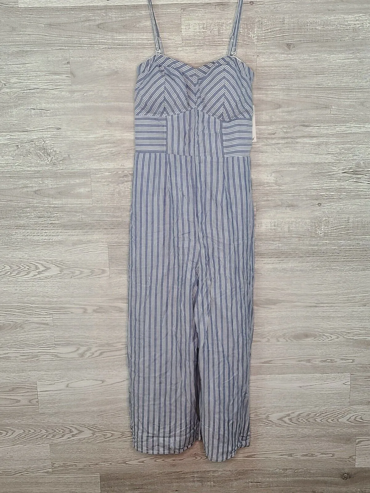 Dex Women's Blue & White Striped Cropped Wide Leg Smocked Jumpsuit Size Small