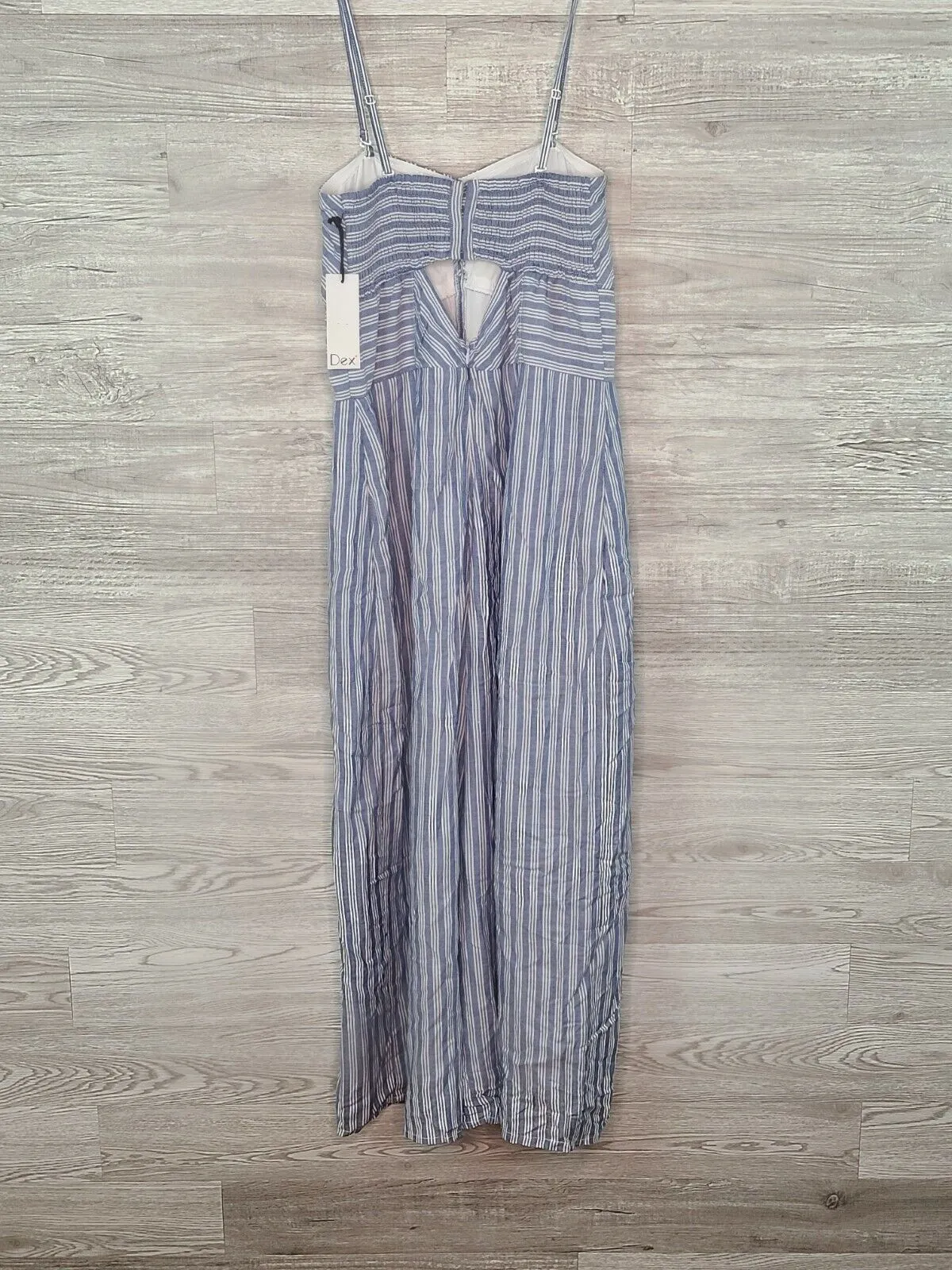Dex Women's Blue & White Striped Cropped Wide Leg Smocked Jumpsuit Size Small