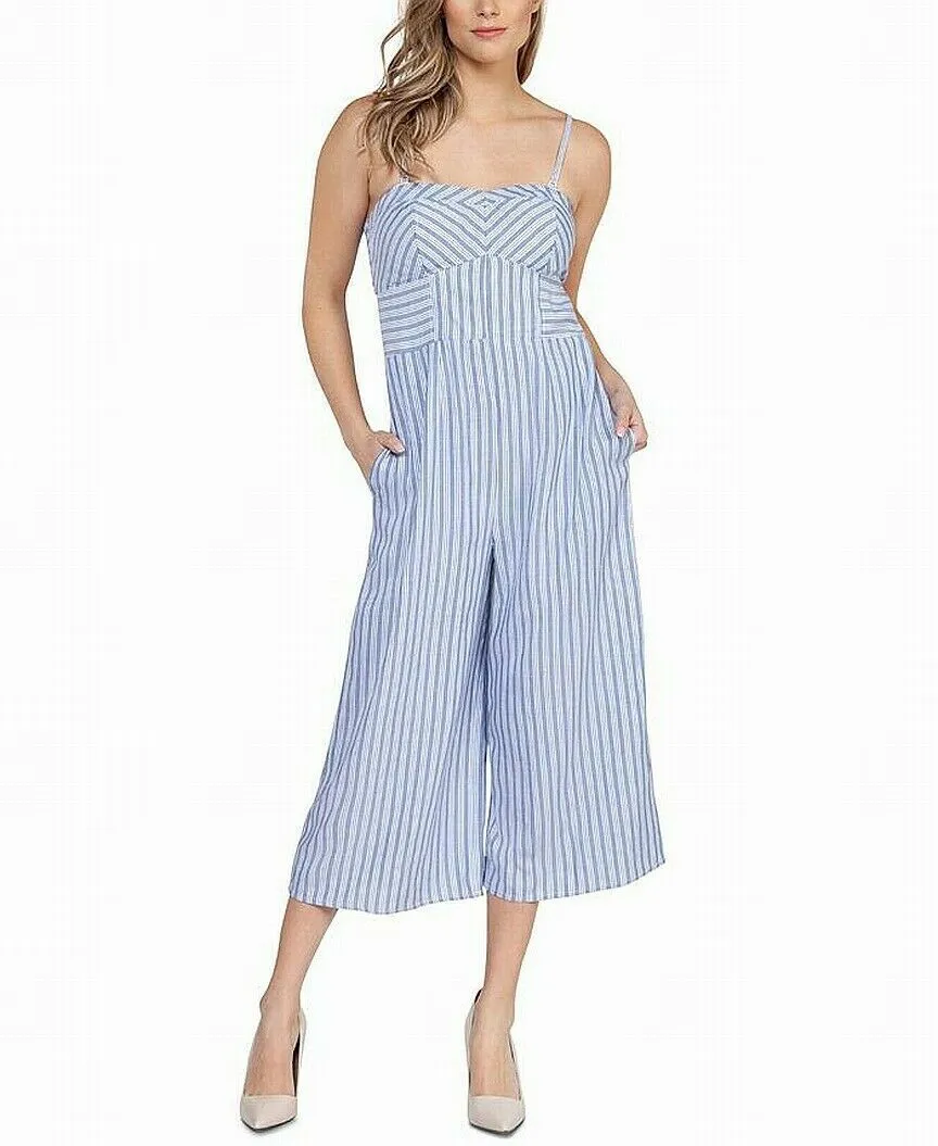 Dex Women's Blue & White Striped Cropped Wide Leg Smocked Jumpsuit Size Small