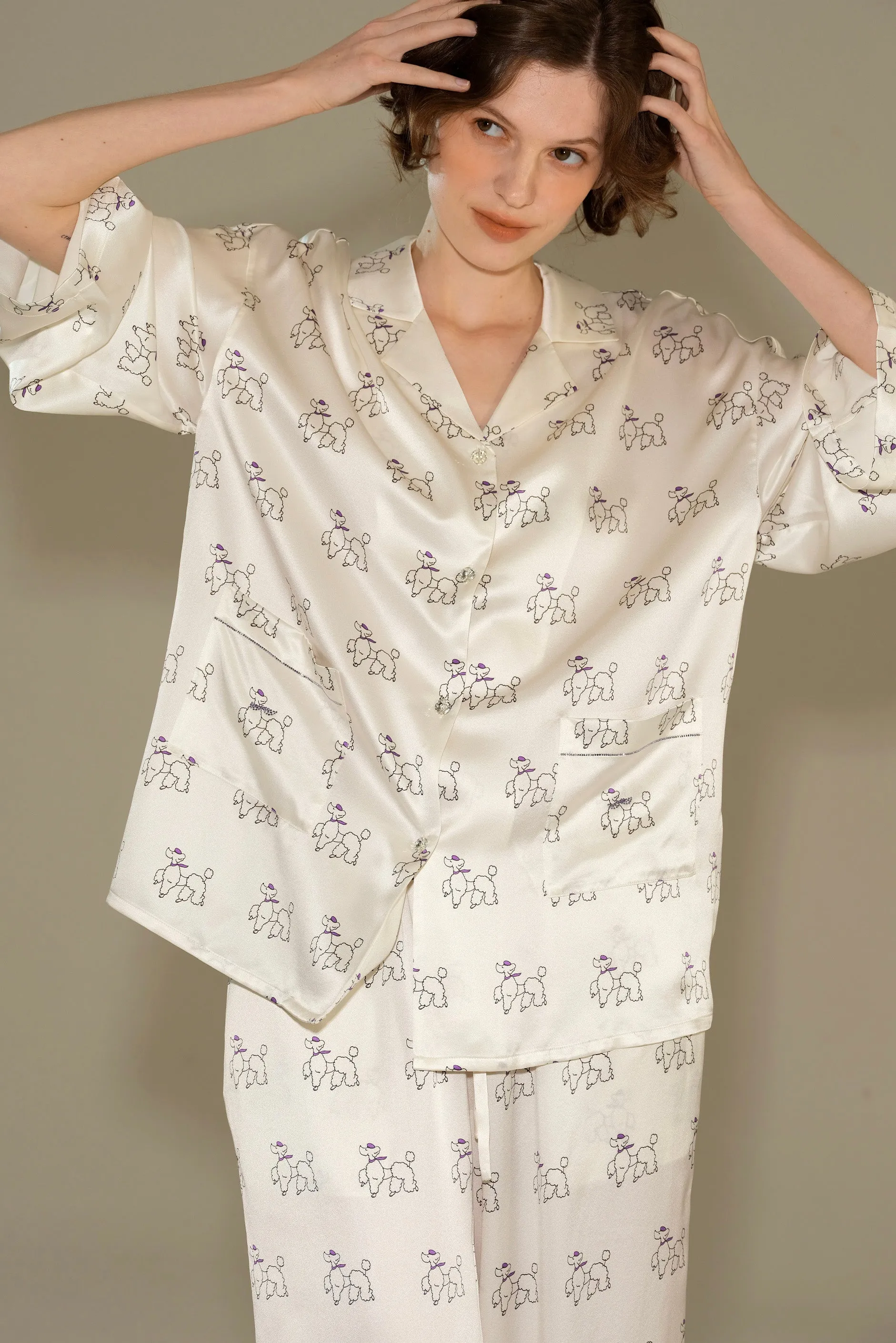 Diamond Poodles Silk Pajamas Long Set