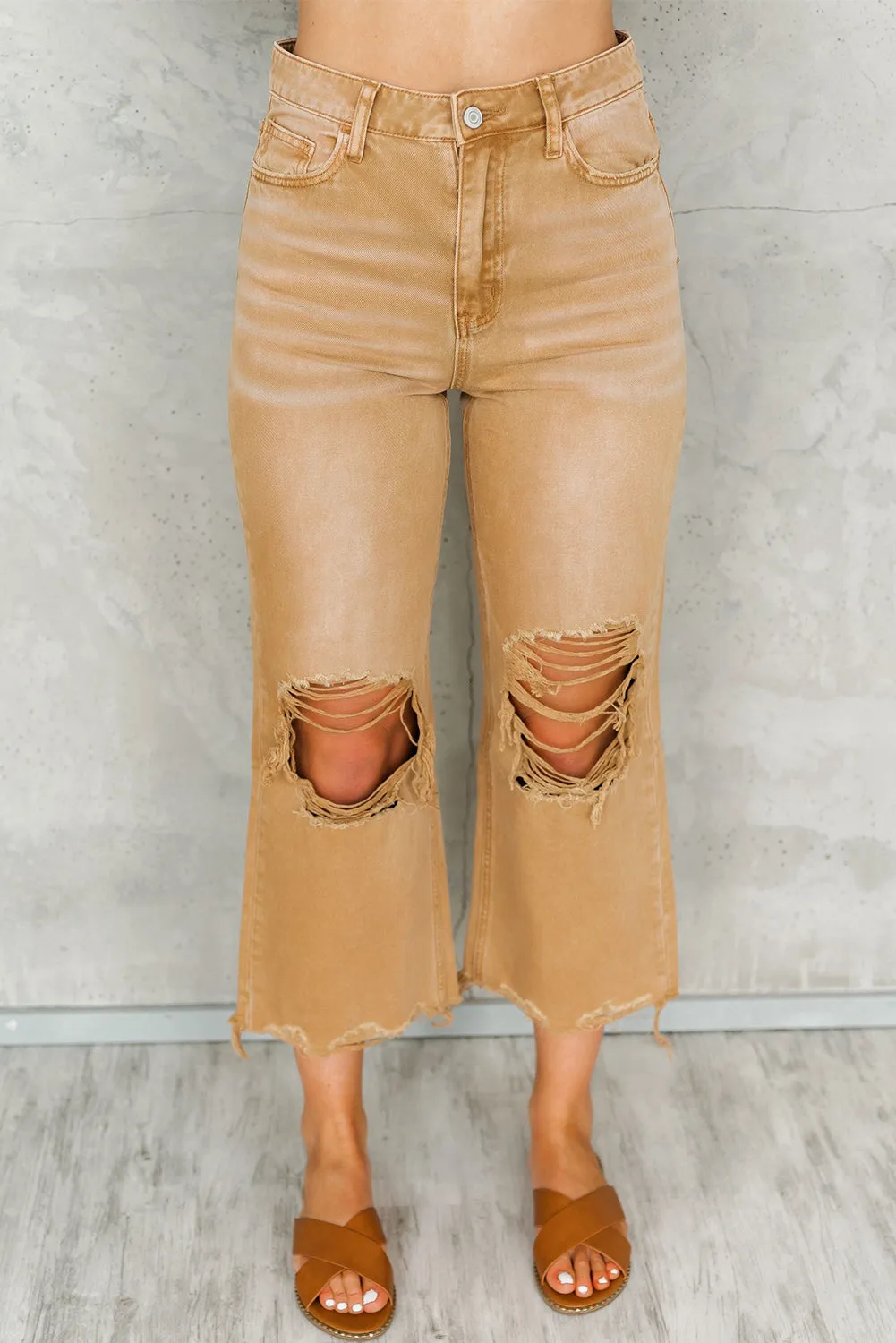 Distressed Hollow-out High Waist Cropped Flare Jeans