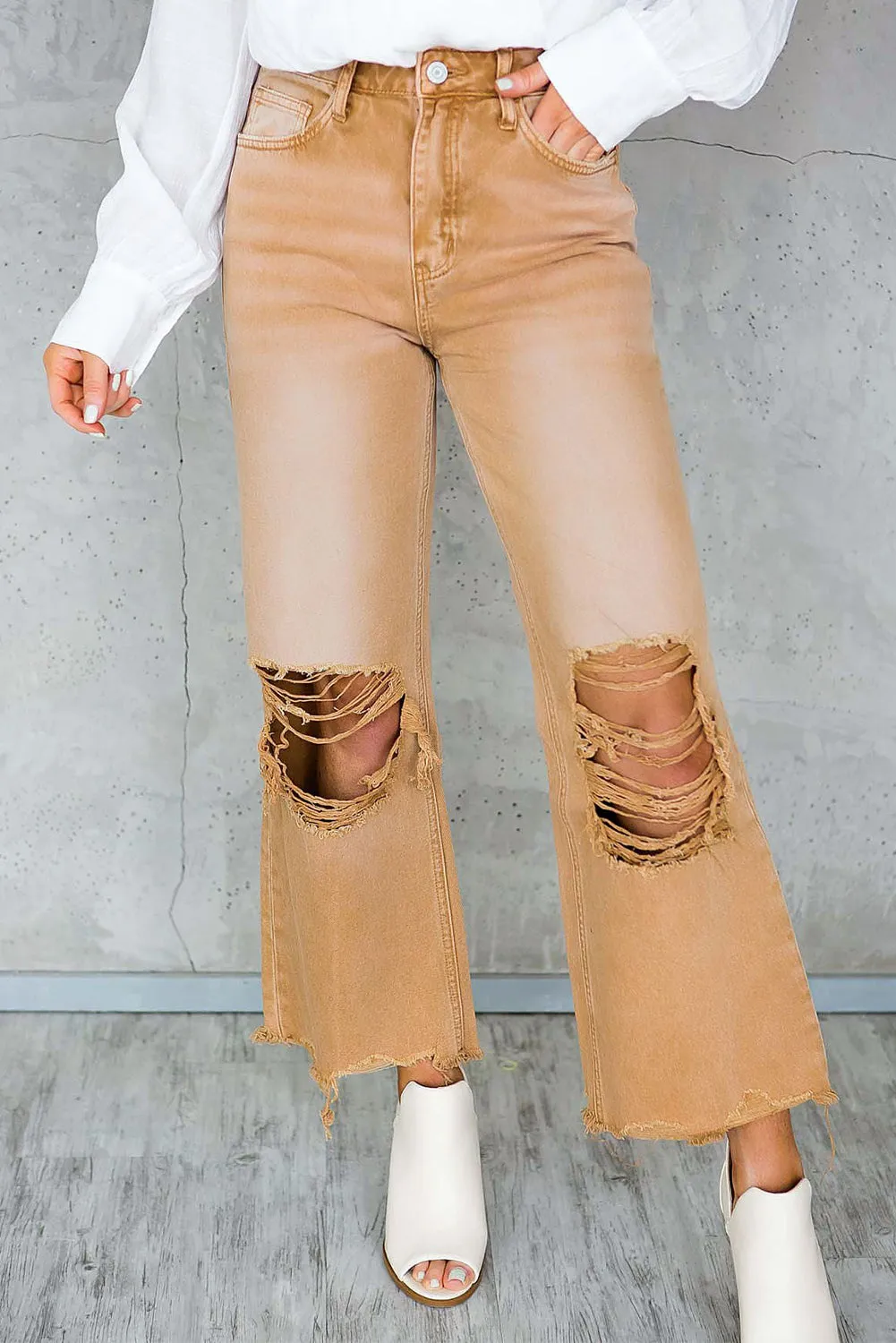 Distressed Hollow-out High Waist Cropped Flare Jeans