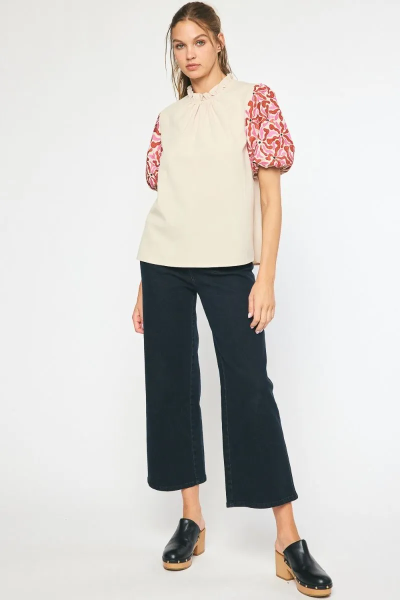 Embroidered Puff Sleeve Top, Natural