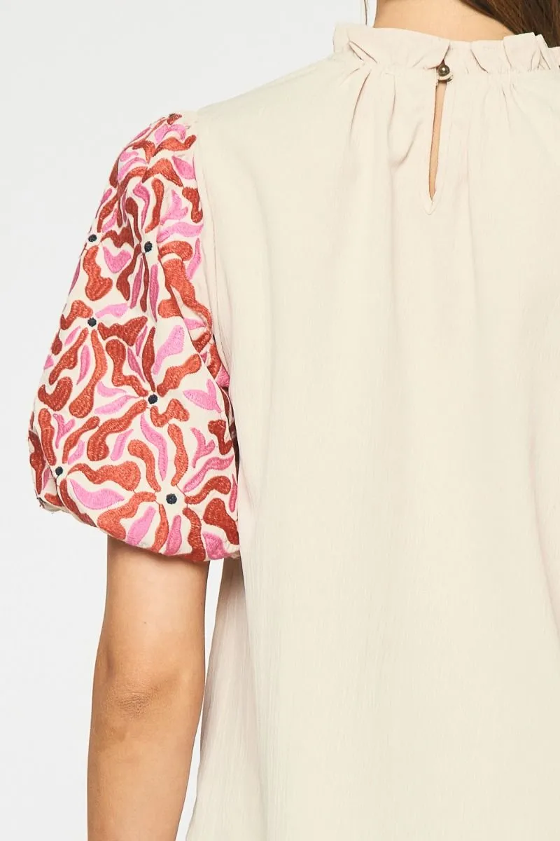 Embroidered Puff Sleeve Top, Natural