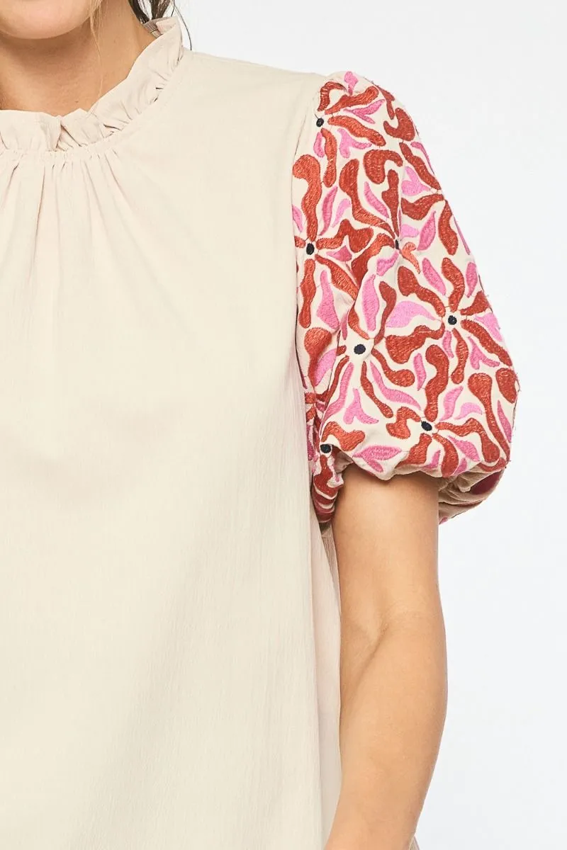 Embroidered Puff Sleeve Top, Natural