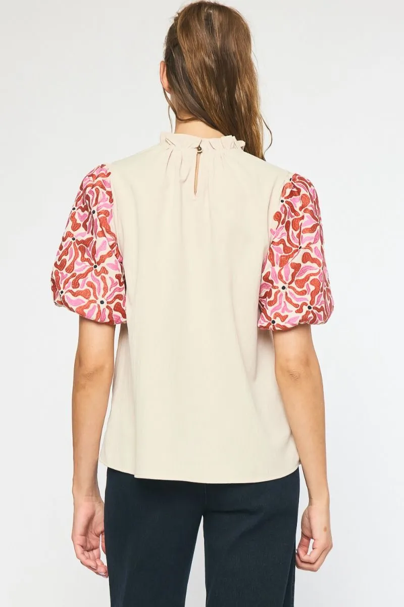 Embroidered Puff Sleeve Top, Natural