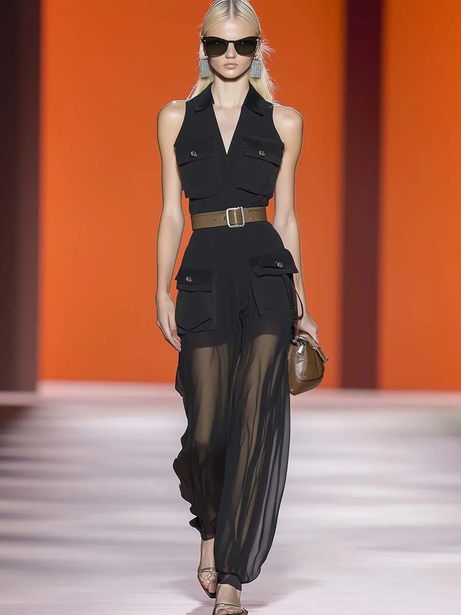 Fashion V-neck Sleeveless Belted Cargo Pocket Black Chiffon Jumpsuit