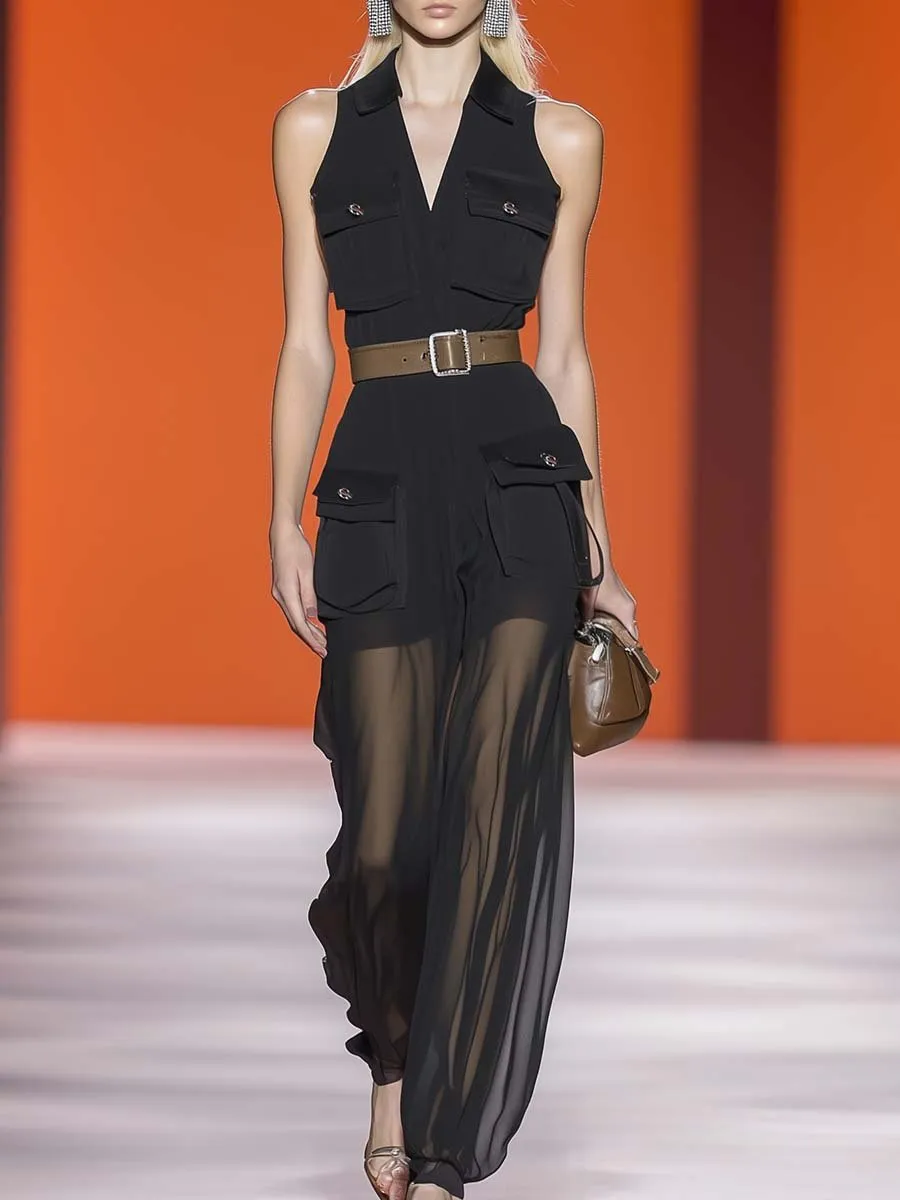 Fashion V-neck Sleeveless Belted Cargo Pocket Black Chiffon Jumpsuit