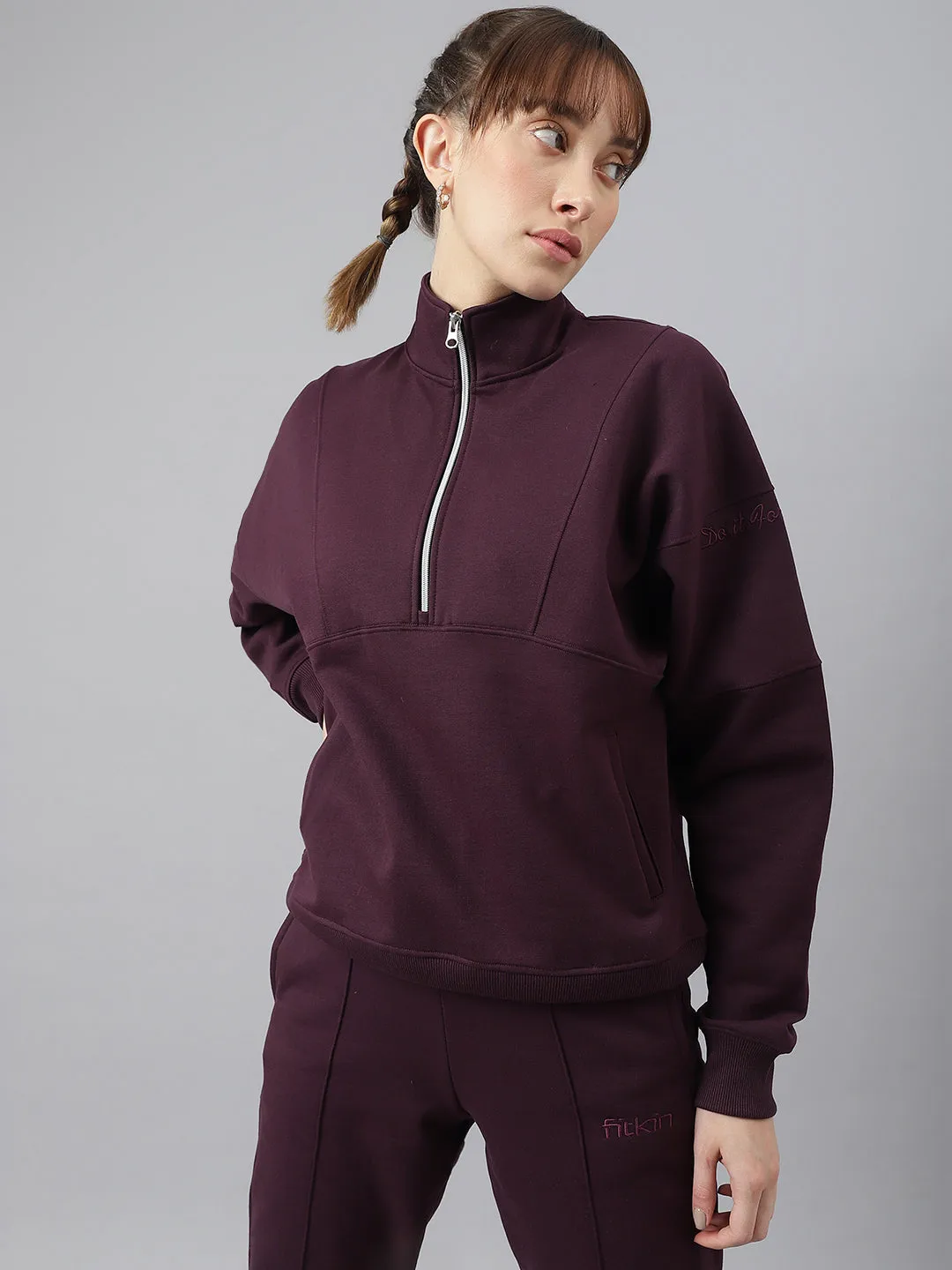Fitkin Women Purple Regular Fit Fleece Tracksuit