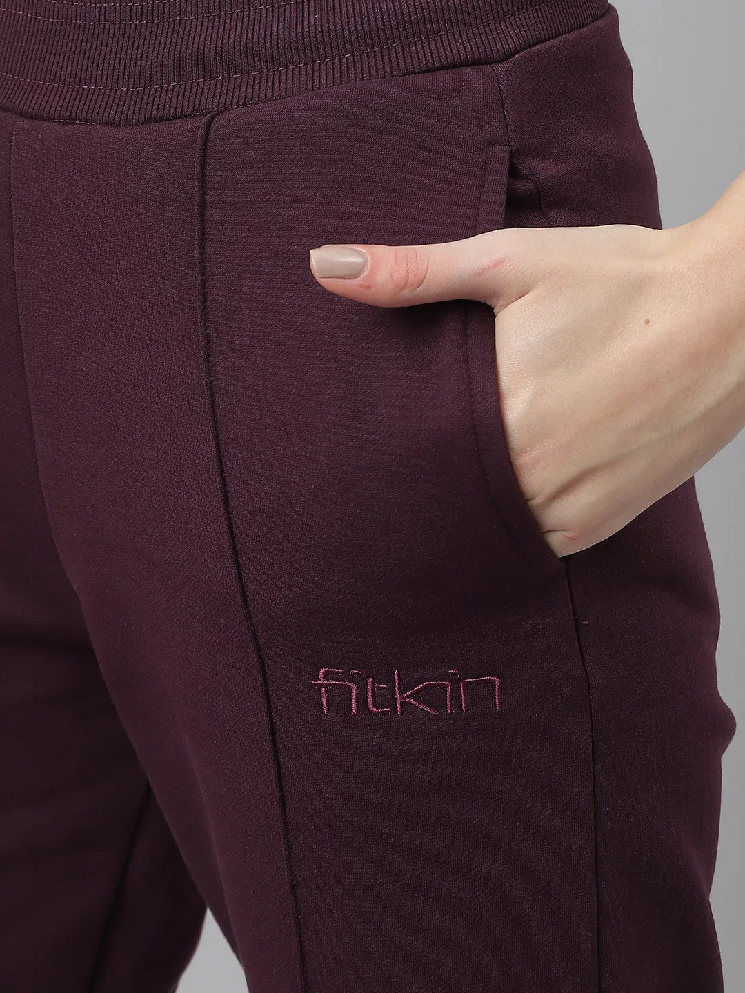 Fitkin Women Purple Regular Fit Fleece Tracksuit