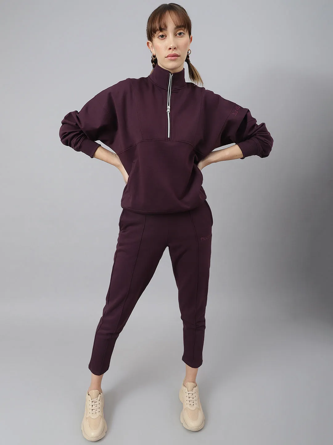 Fitkin Women Purple Regular Fit Fleece Tracksuit