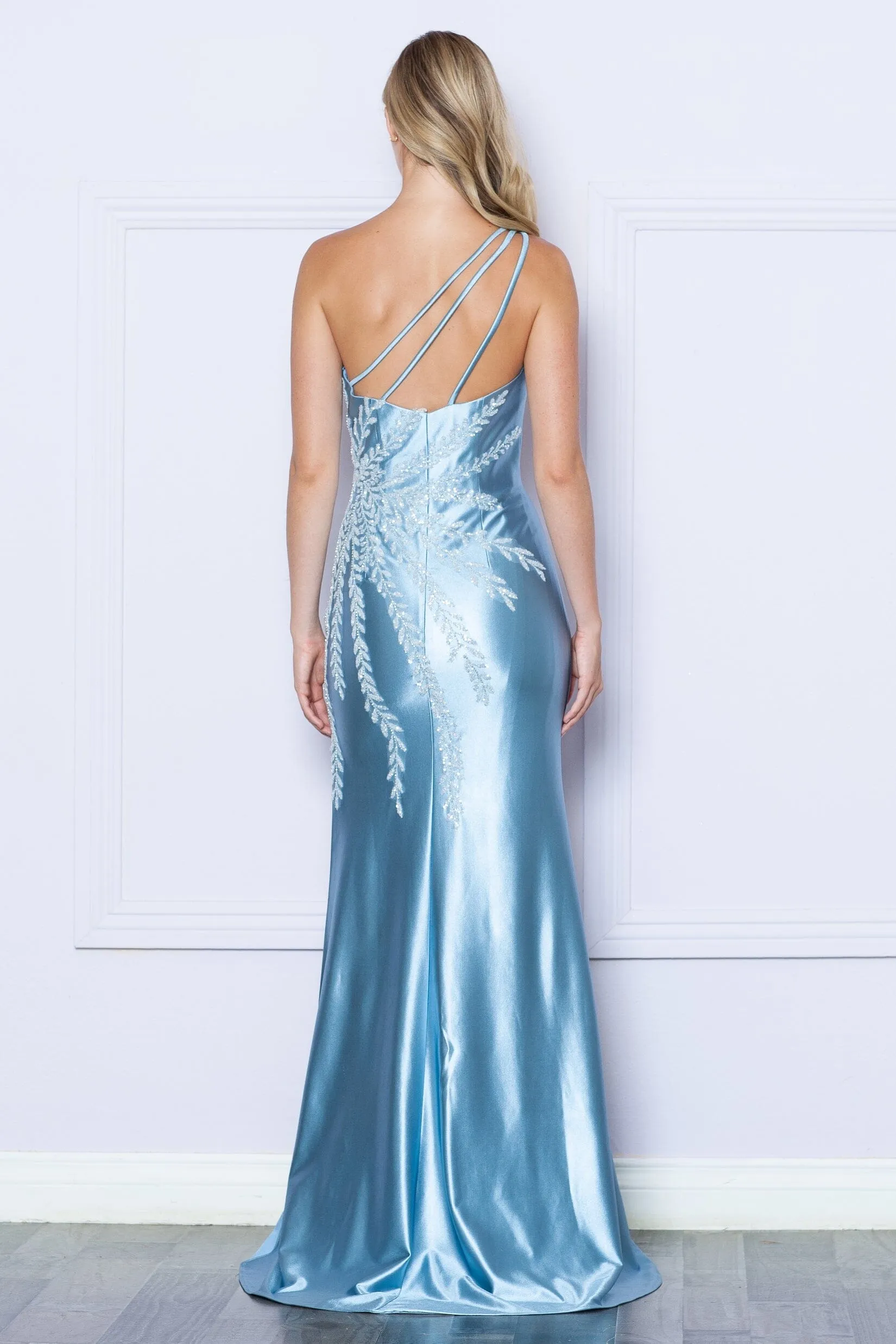 Fitted Embellished One Shoulder Slit Gown by Poly USA 9358